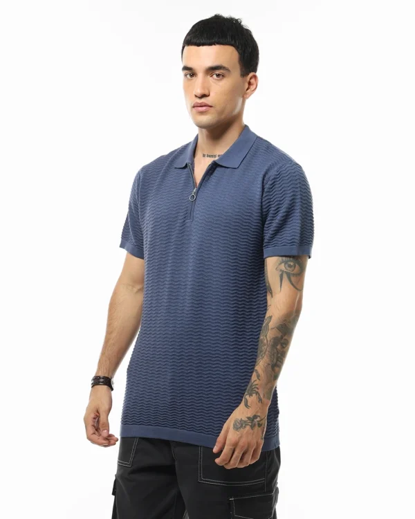 Men's Navy Blue Textured Flatknit Polo T-shirt
