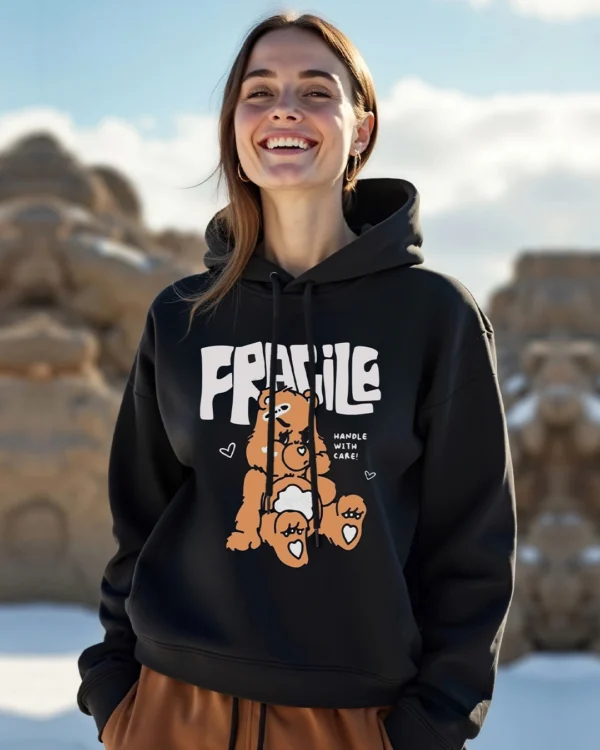Women's Black Fragile Graphic Printed Oversized Hoodies