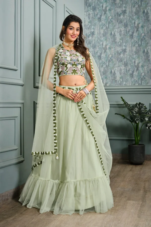 Pista Green Net Heavy Embroidery Lehenga
